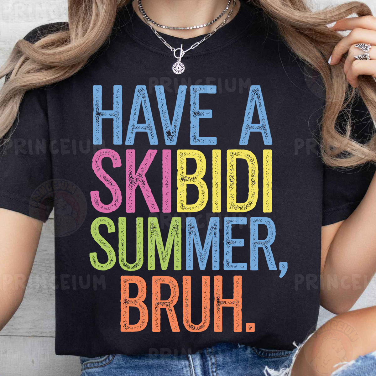 a woman wearing a black shirt that says have a skibid summer, br