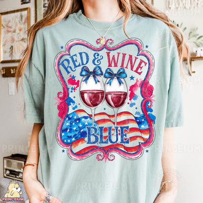 a woman wearing a t - shirt that says red and wine blue