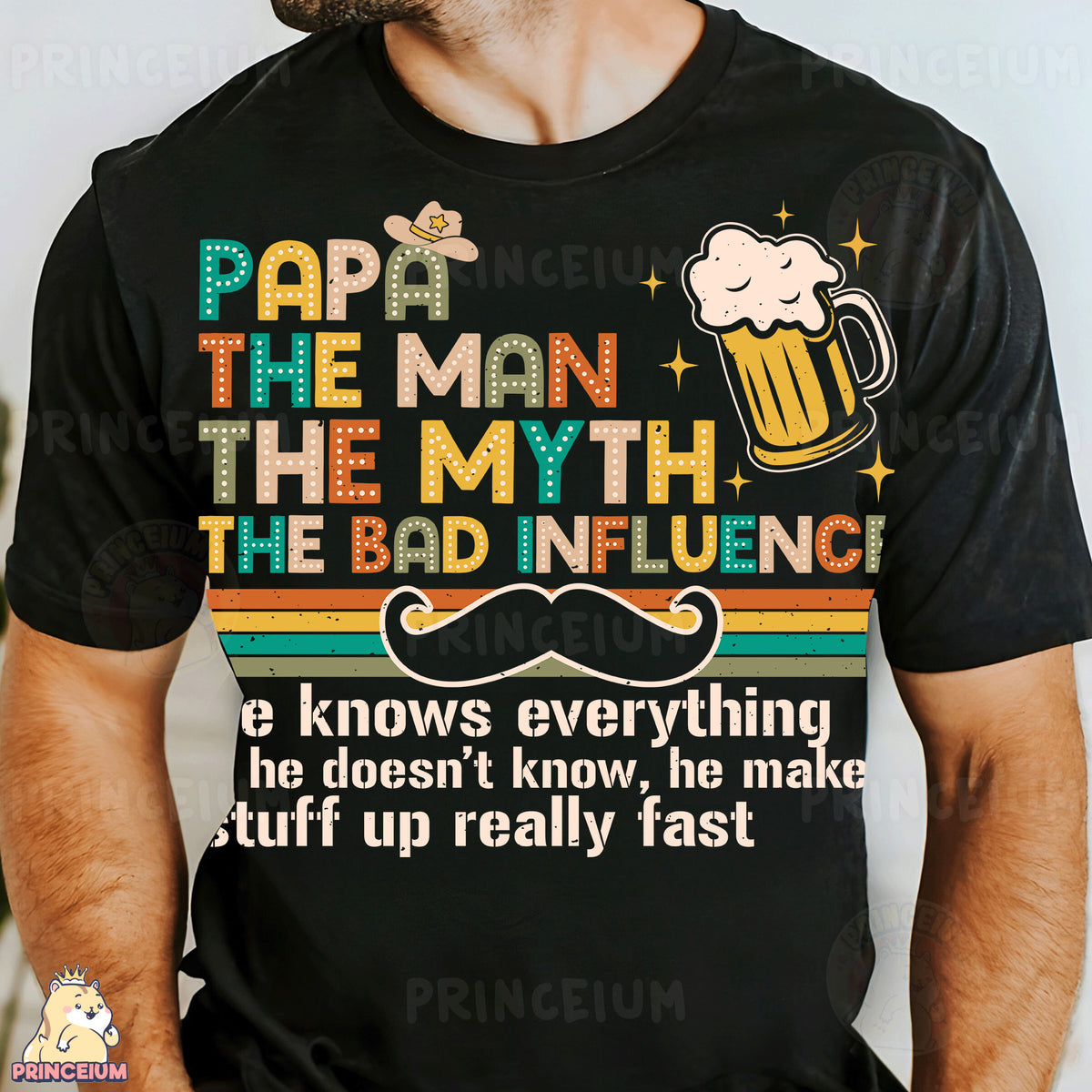a man wearing a t - shirt with a mustache on it
