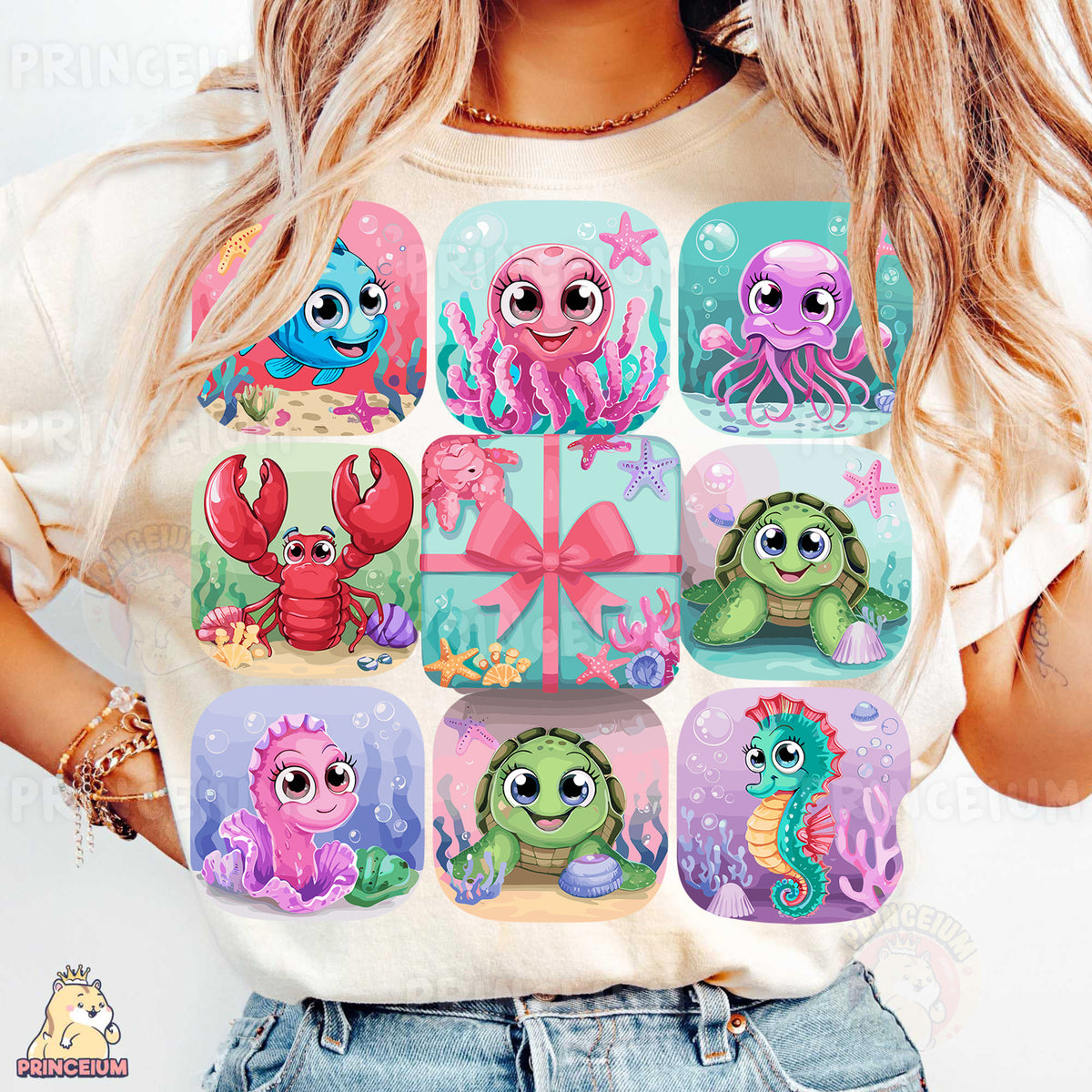 a woman wearing a t - shirt with a picture of sea animals on it