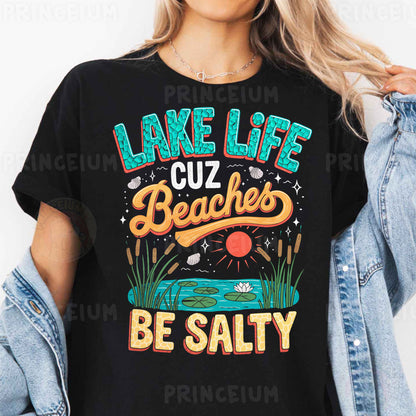 a woman wearing a lake life t - shirt