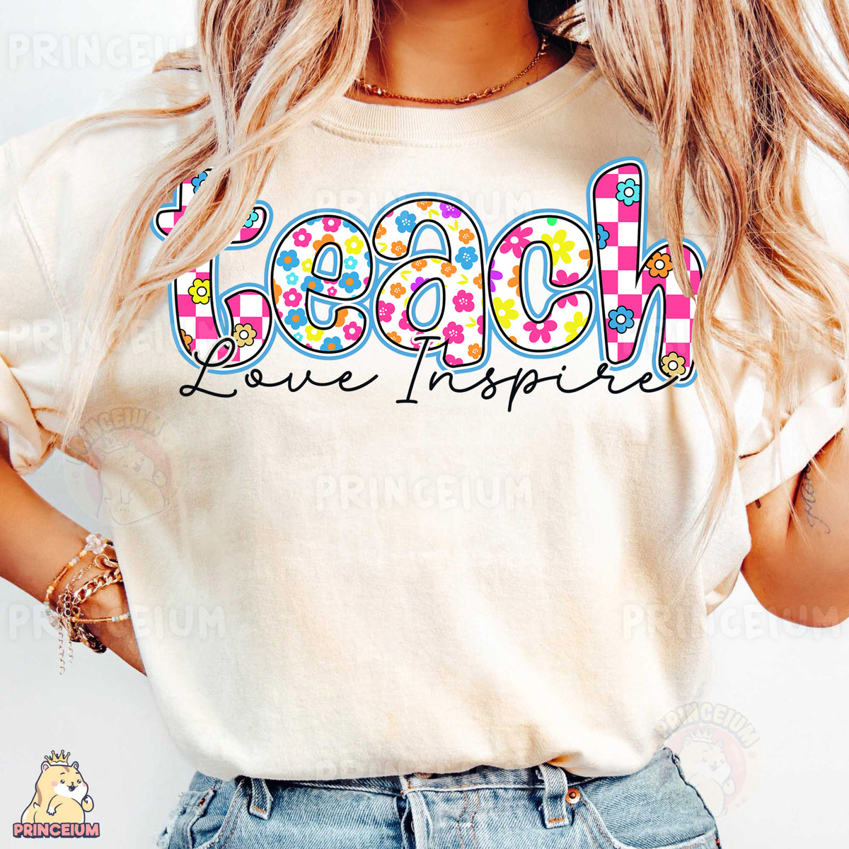 a woman wearing a t - shirt with the word teach on it