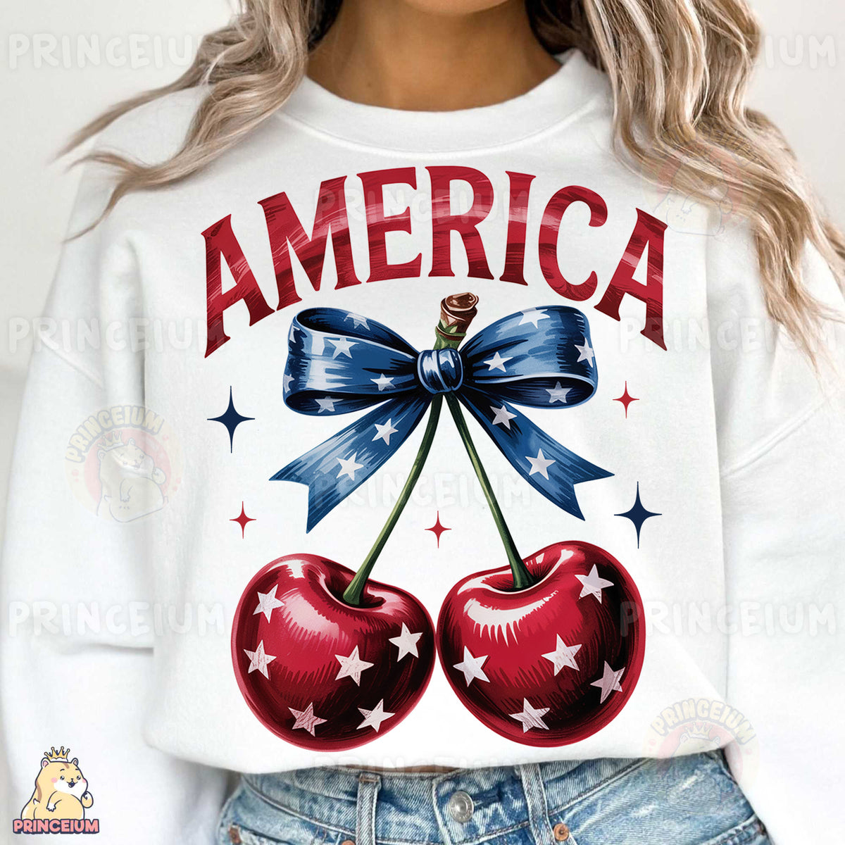 a woman wearing a white sweatshirt with two cherries on it