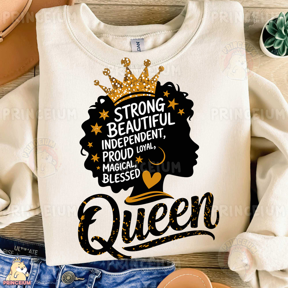 a t - shirt that says, strong beautiful independent proud to be kissed by queen