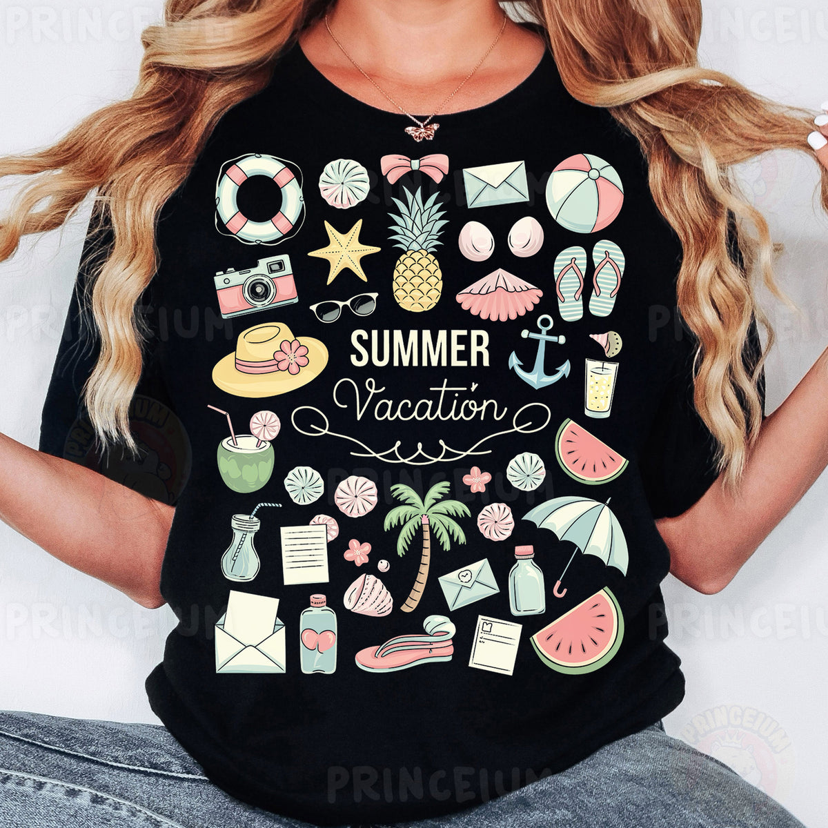 a woman wearing a black summer vacation t - shirt