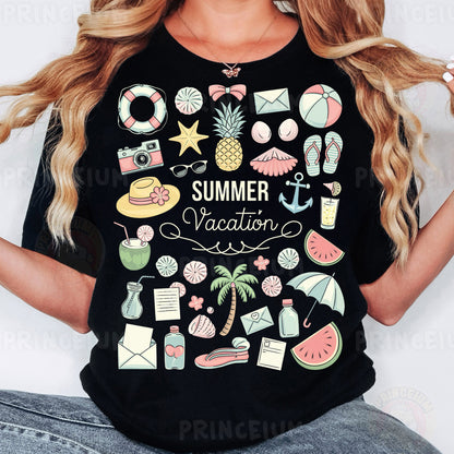 a woman wearing a black summer vacation t - shirt