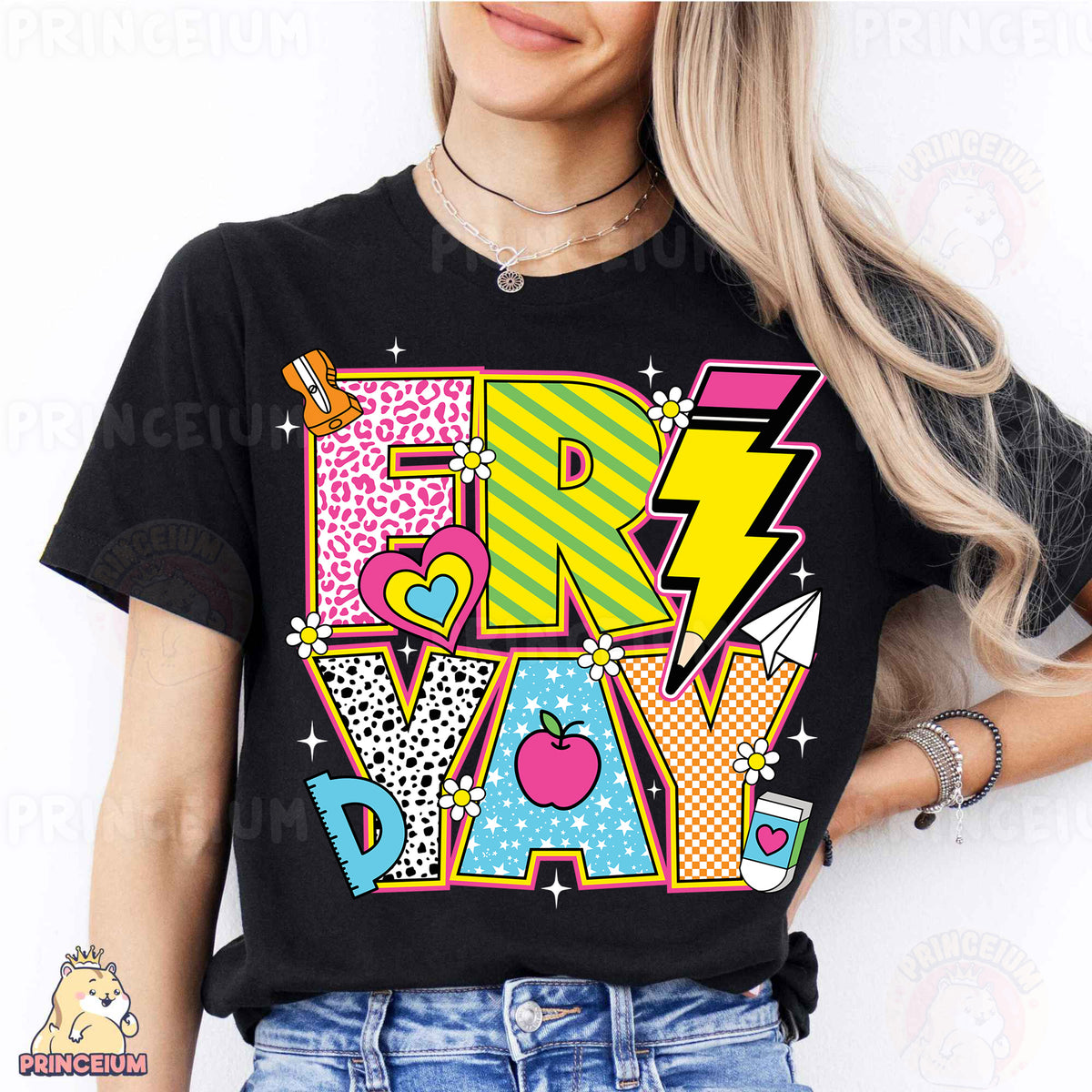 a woman wearing a black t - shirt with a design on it
