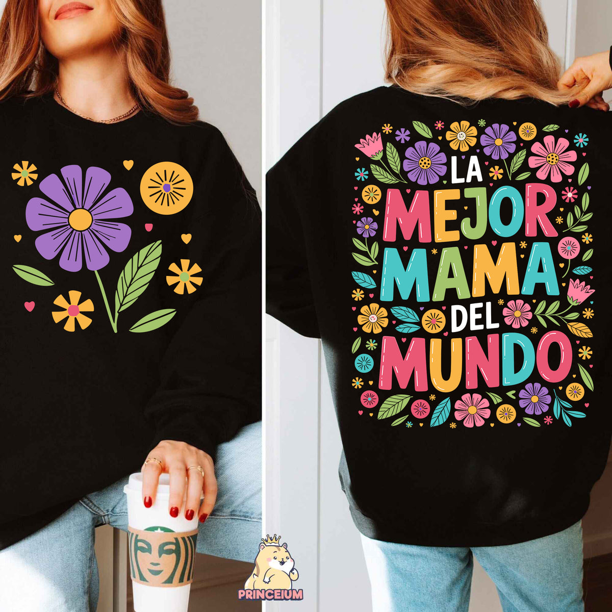 a woman wearing a black sweatshirt with colorful flowers on it