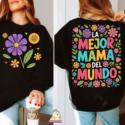 a woman wearing a black sweatshirt with colorful flowers on it