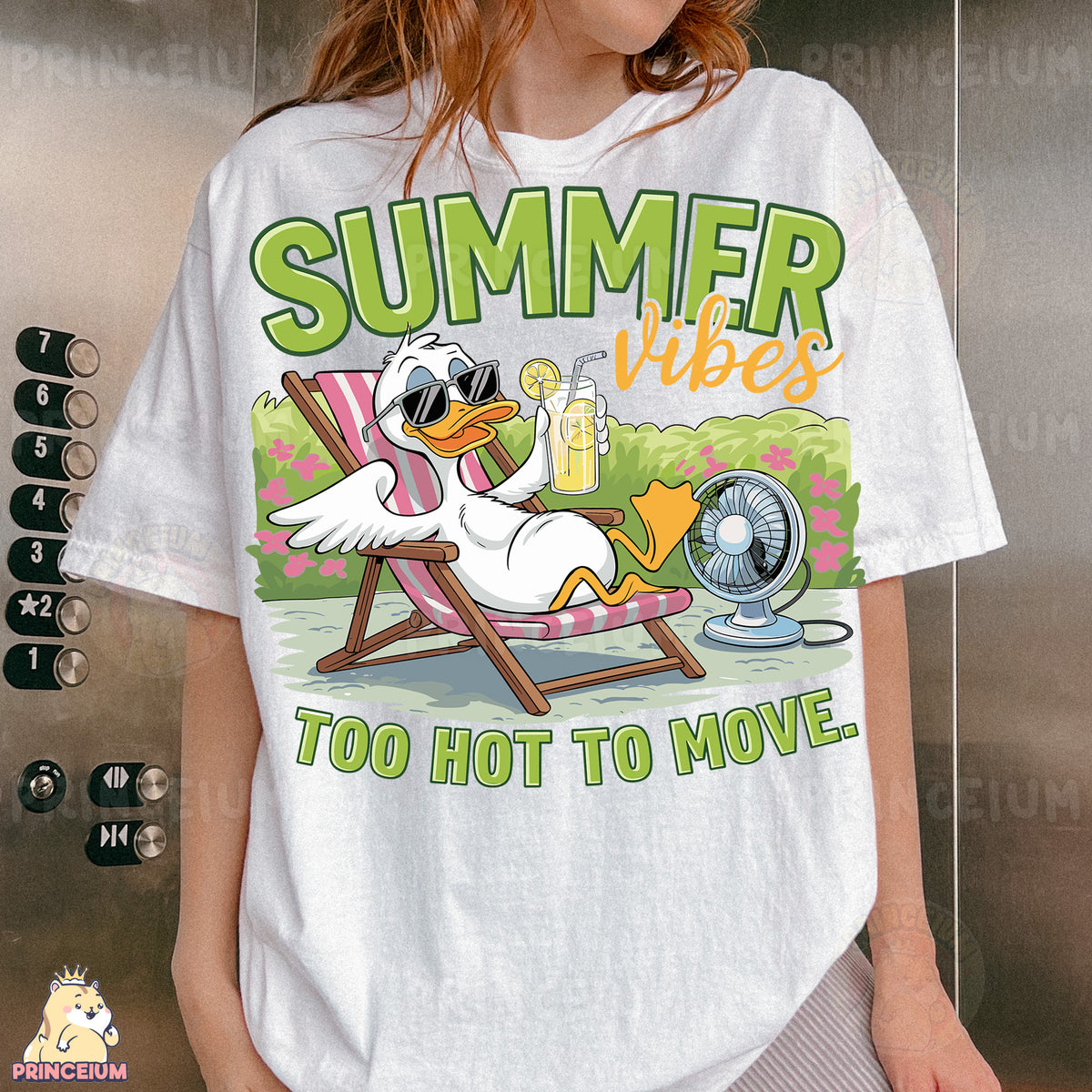 a woman wearing a t - shirt that says summer vibes too hot to move
