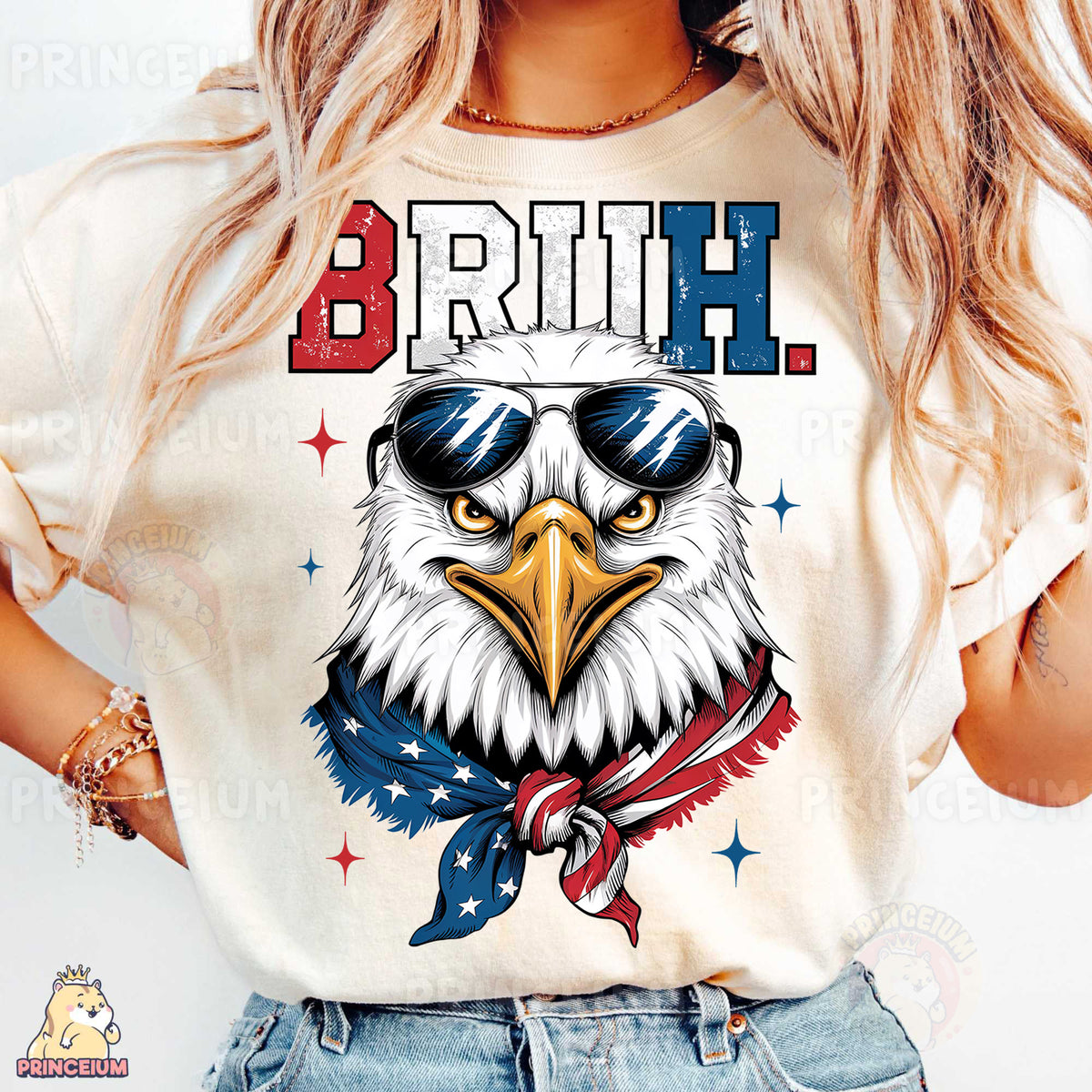 a woman wearing a t - shirt with an eagle wearing sunglasses
