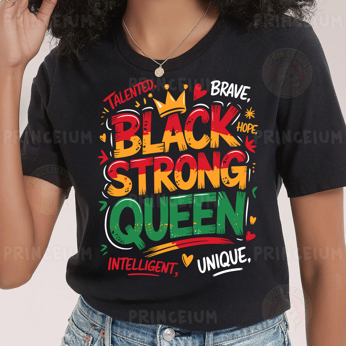 a woman wearing a black t - shirt with the words black strong queen on it