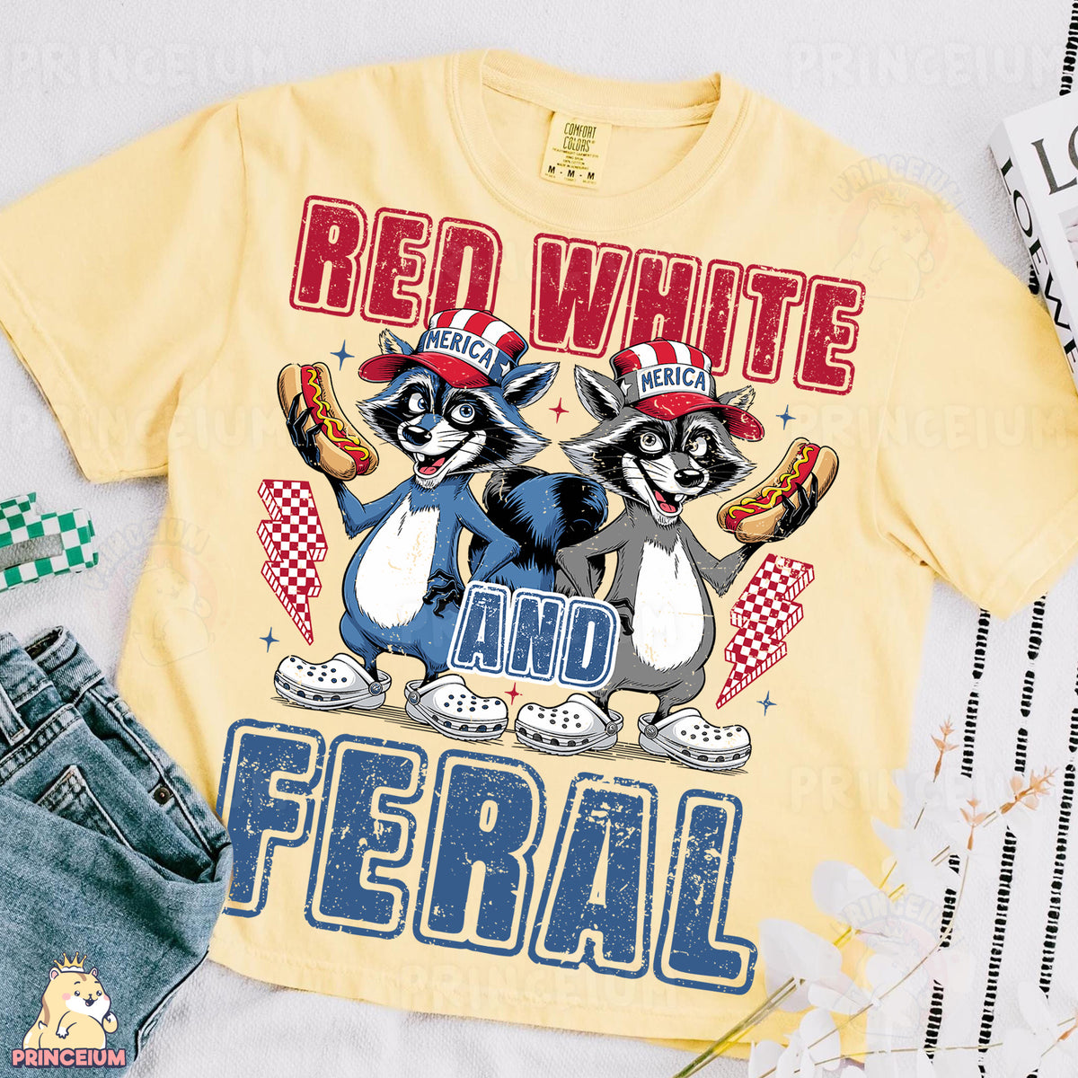 a pair of raccoons wearing red white and blue shirts