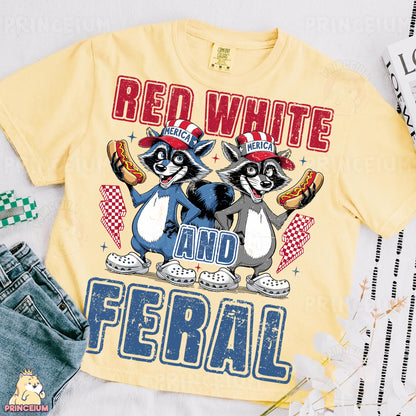 a pair of raccoons wearing red white and blue shirts