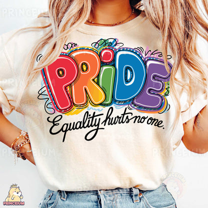 a woman wearing a t - shirt that says pride