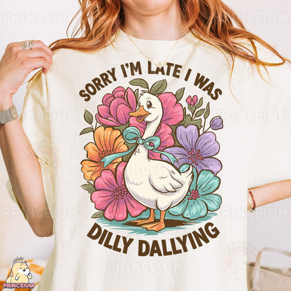 a woman wearing a t - shirt that says sorry i'm late i was