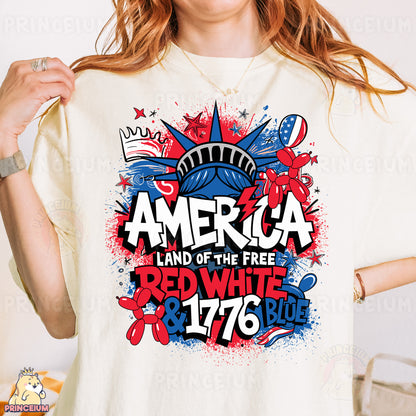 a woman wearing an american land of the free red white and blue t - shirt