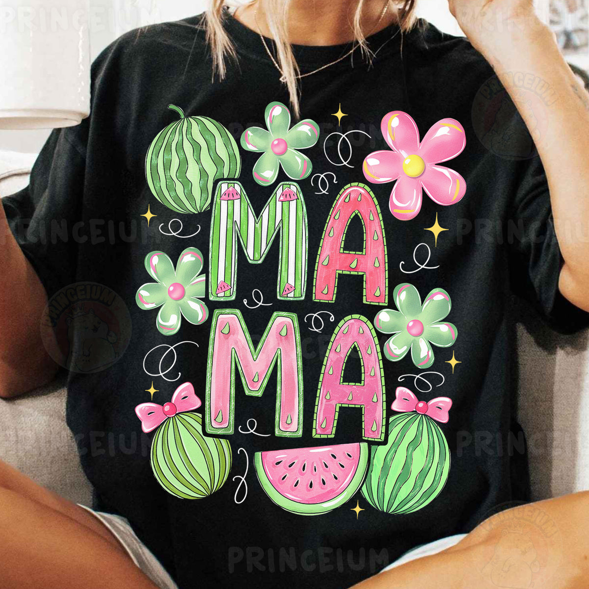 a woman sitting on a couch wearing a t - shirt with the word maa