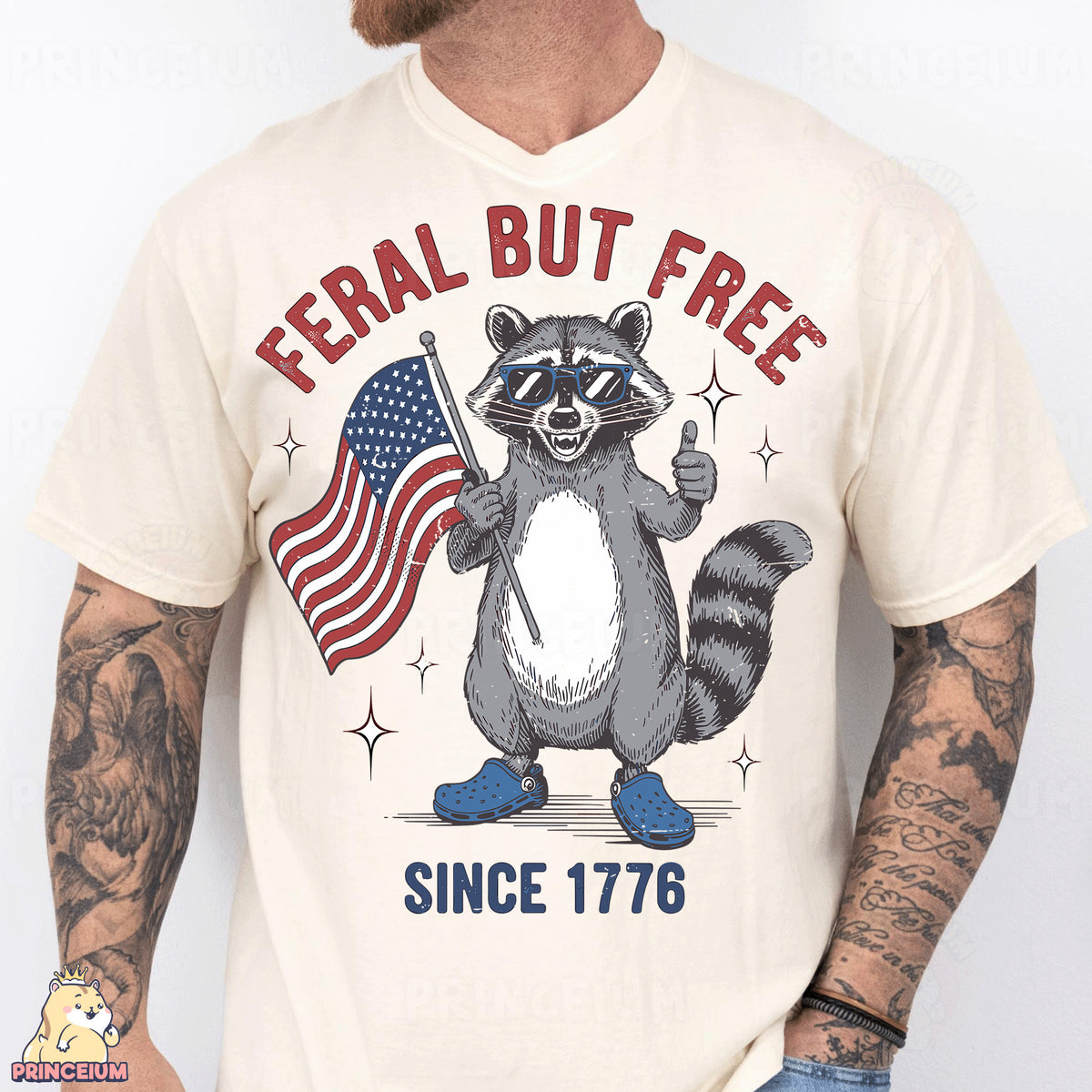 a man wearing a t - shirt with a raccoon holding an american flag