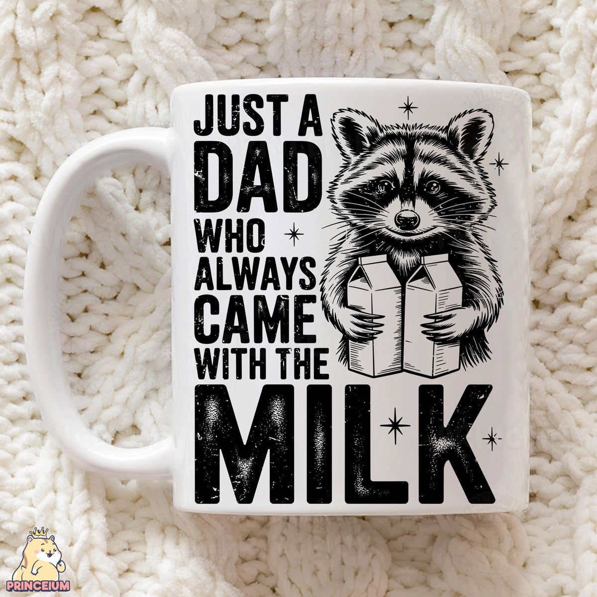a mug with a raccoon holding a present on it