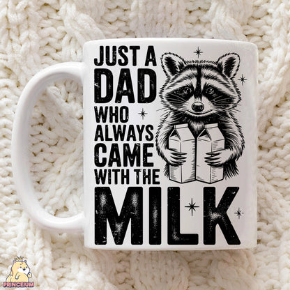 a mug with a raccoon holding a present on it