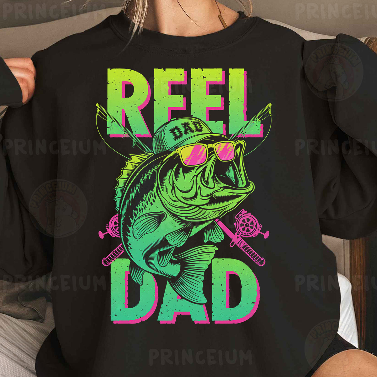 a woman wearing a black reel dad shirt
