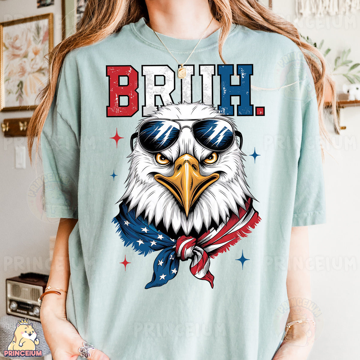 a woman wearing a t - shirt with an eagle wearing sunglasses
