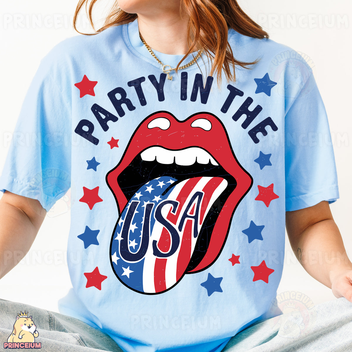 a woman wearing a blue shirt with the rolling stones on it