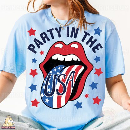 a woman wearing a blue shirt with the rolling stones on it