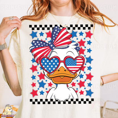 a woman wearing a t - shirt with a duck wearing sunglasses