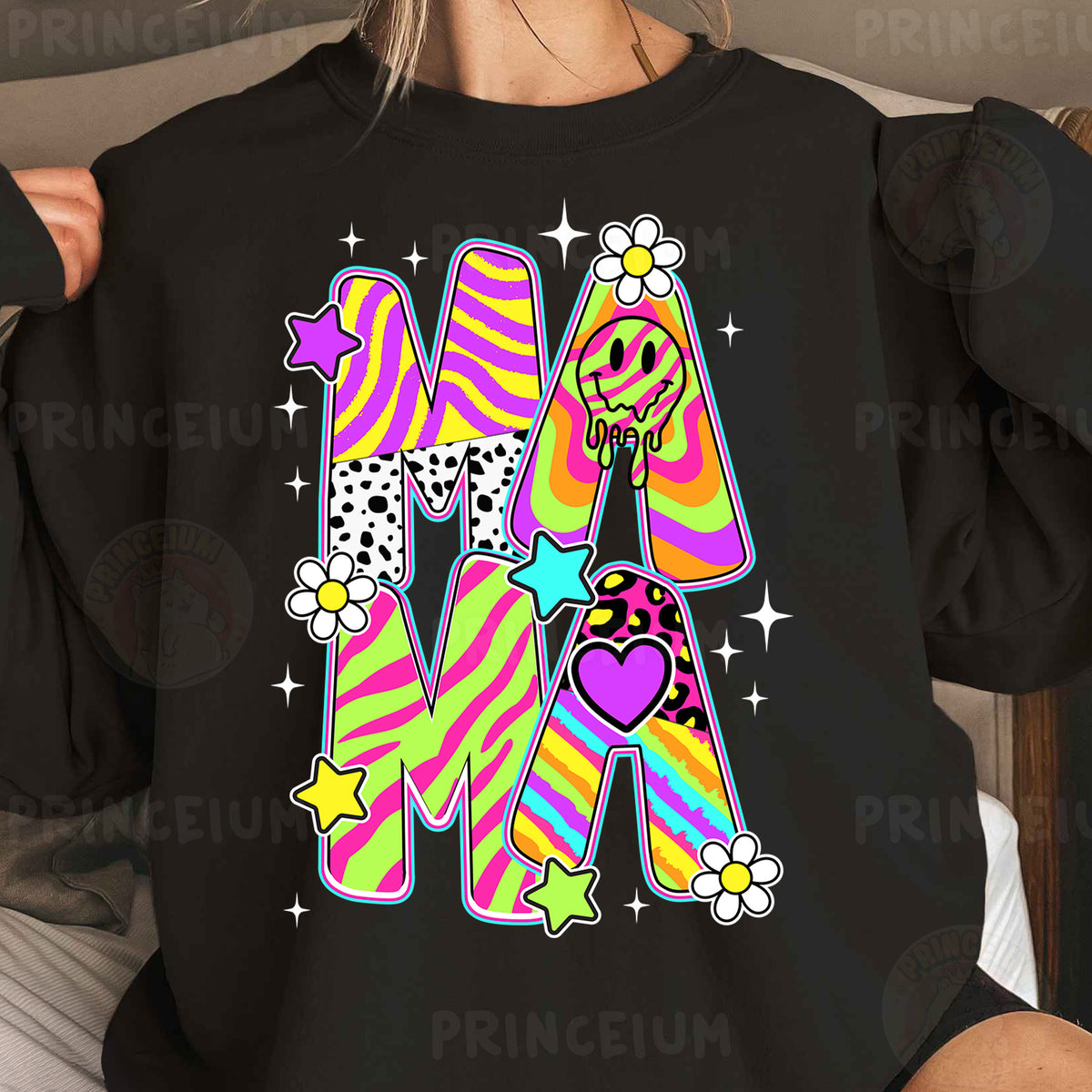 a woman wearing a black sweatshirt with the letter m on it