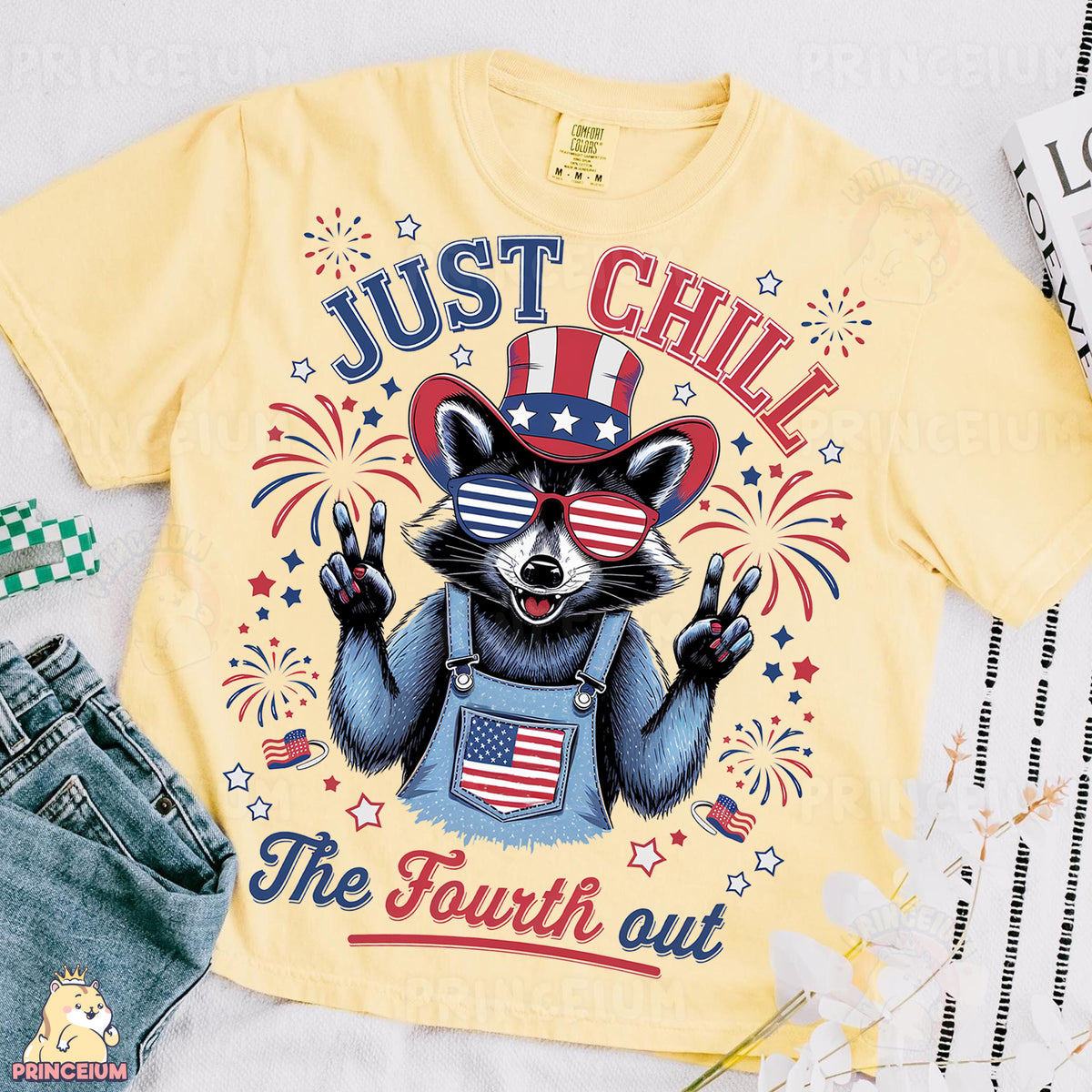 a yellow shirt with a raccoon wearing a patriotic hat