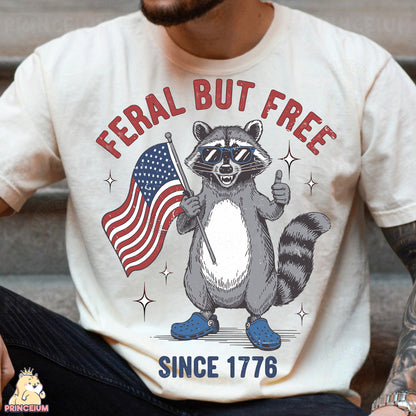 a man wearing a t - shirt with a raccoon holding an american flag