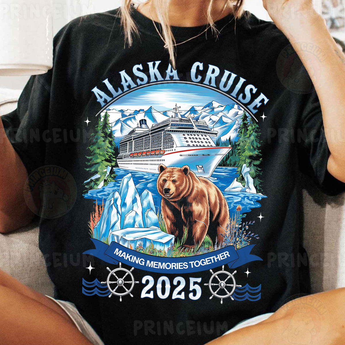 a woman sitting on a couch wearing a alaska cruise shirt