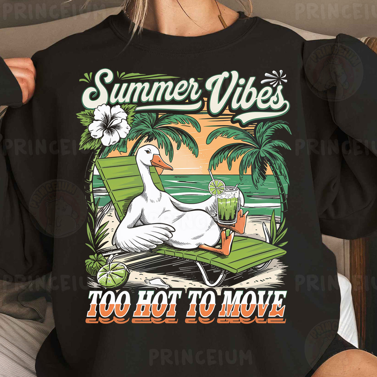 a woman wearing a black shirt with a picture of a swan on it