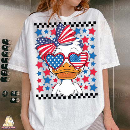 a woman wearing a t - shirt with a duck wearing sunglasses