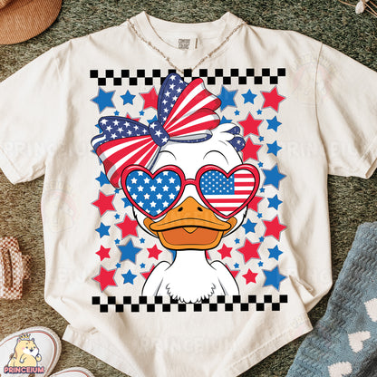 a t - shirt with a duck wearing patriotic glasses