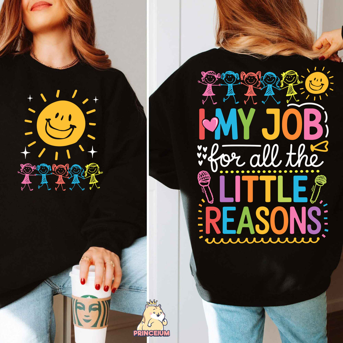 a woman wearing a black sweatshirt that says, my job for all the little reason