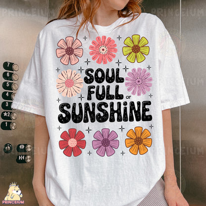 a woman wearing a t - shirt that says soul full sunshine