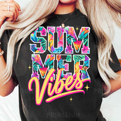 a woman wearing a black shirt that says summer vibes