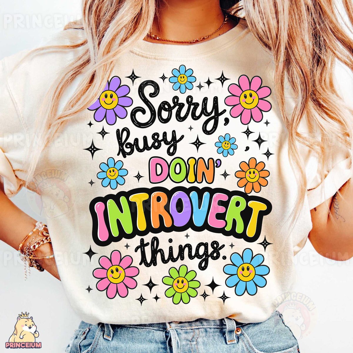 a woman wearing a t - shirt that says sorry but don't provet