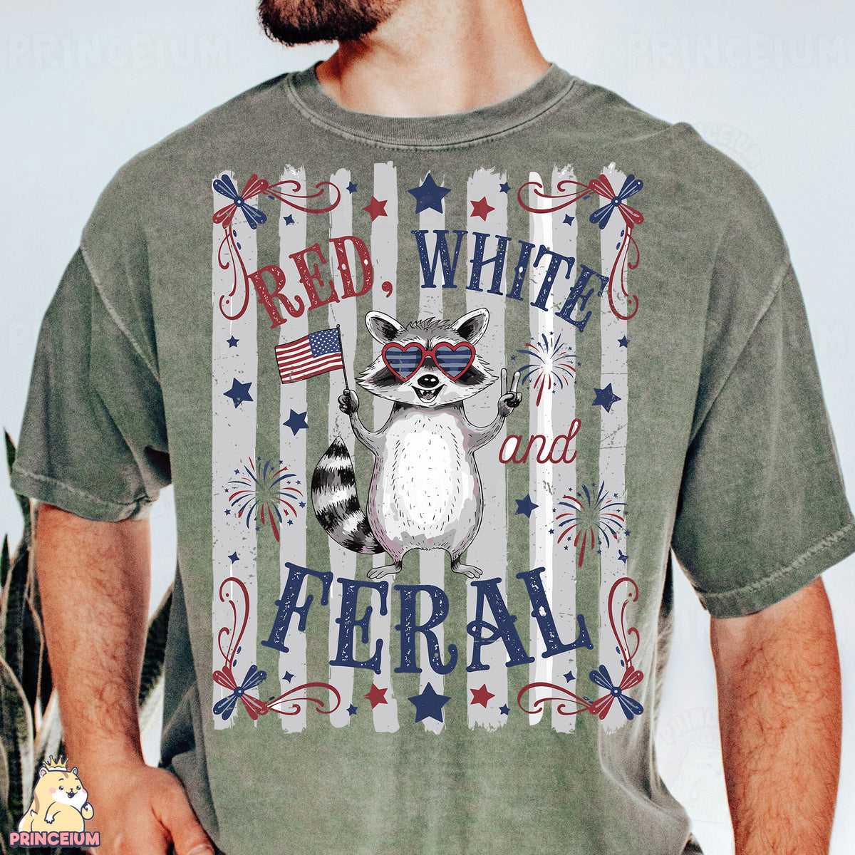 a man wearing a green shirt with a raccoon on it