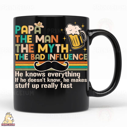 a black coffee mug with a mustache on it