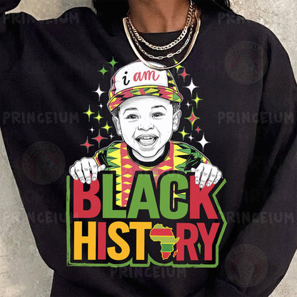 a woman wearing a black shirt with a black history picture on it