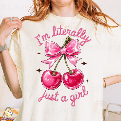 a woman wearing a t - shirt that says i'm literally just a girl
