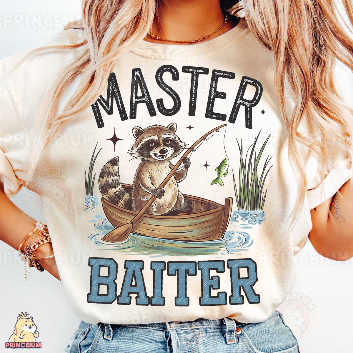 a woman wearing a shirt with a raccoon on it
