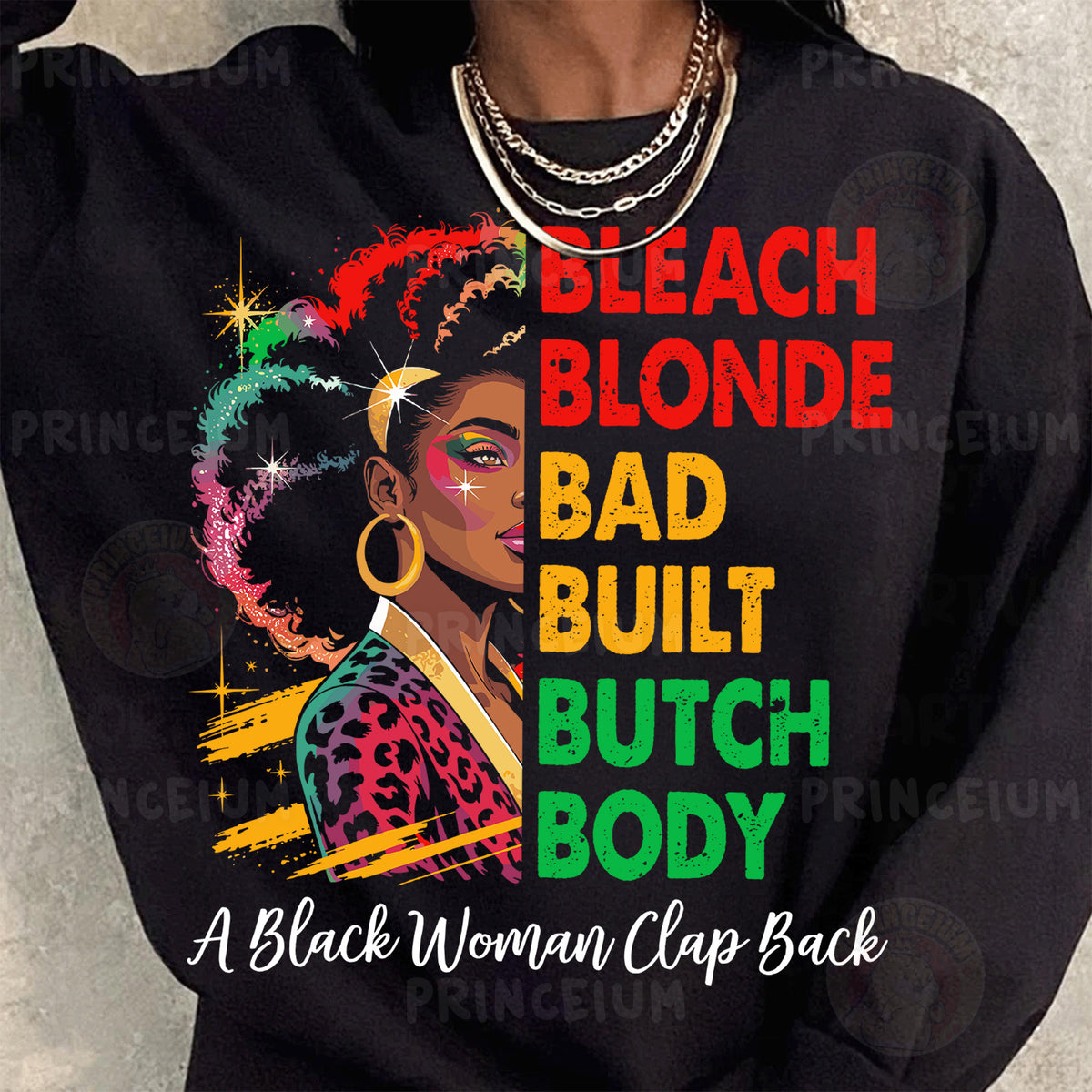 a woman wearing a black sweatshirt with a black woman clip back on it