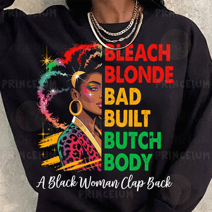 a woman wearing a black sweatshirt with a black woman clip back on it