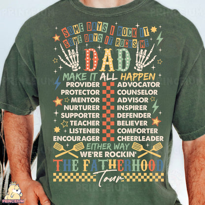 a man wearing a green t - shirt with the words dad written on it