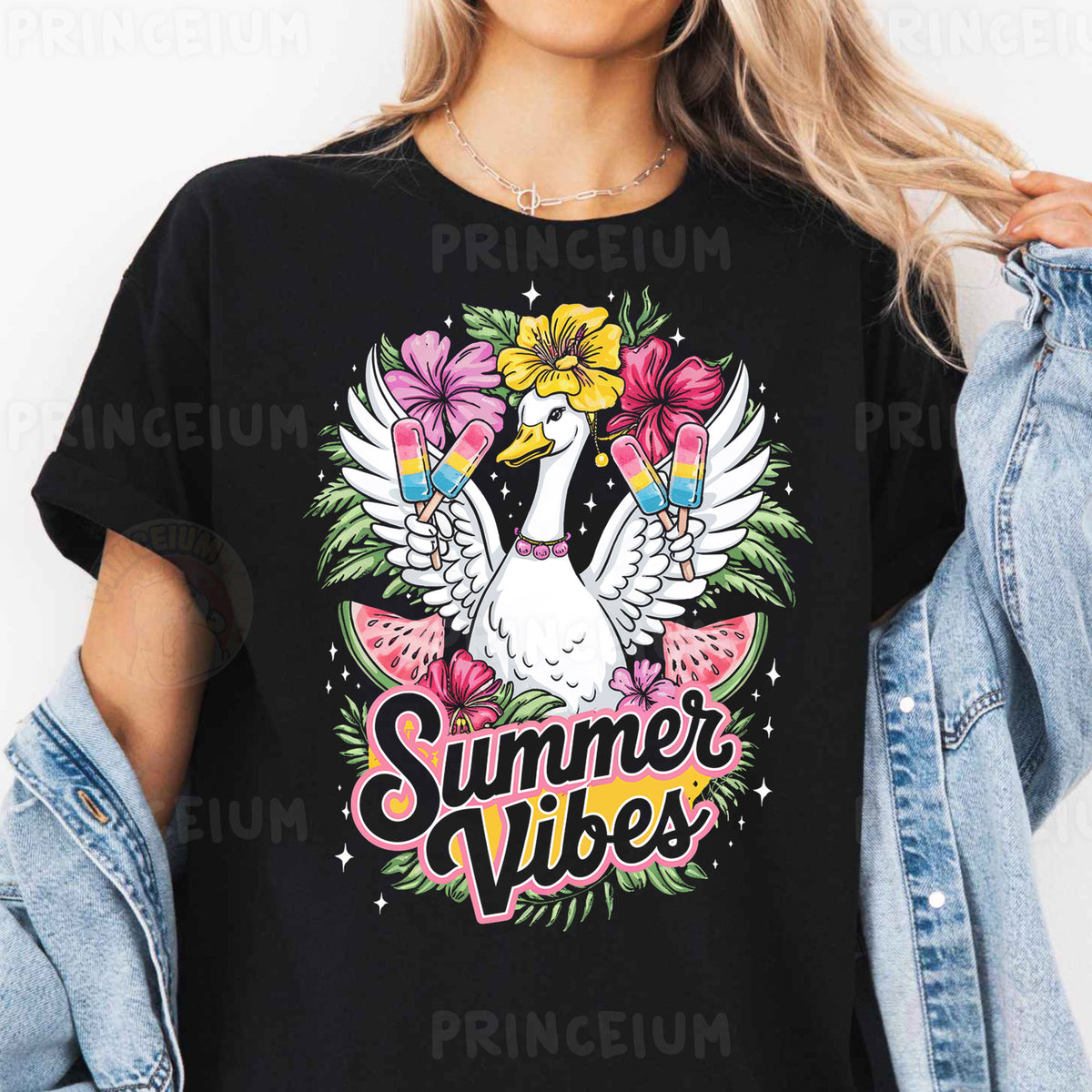 a woman wearing a black shirt that says summer vibes